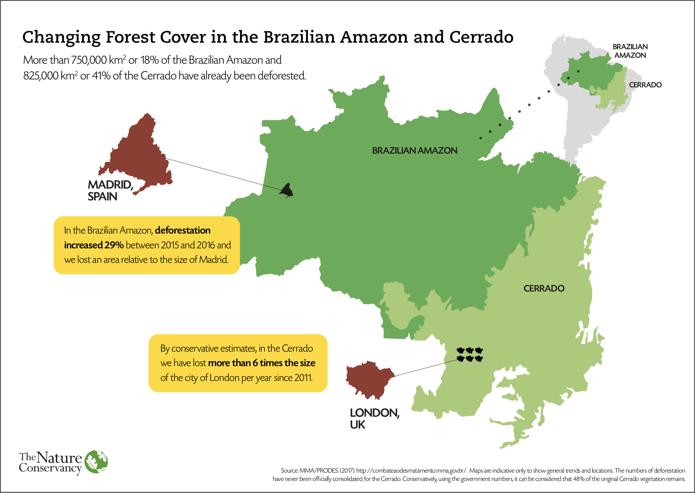 This map shows the amount of deforestation in the Brazilian Amazon and Cerrado, with comparative European city estimates.